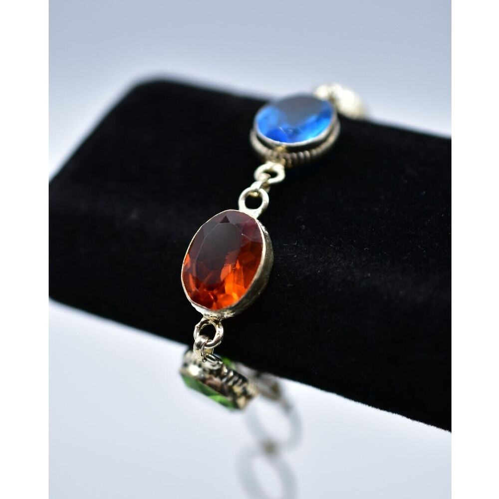 Vintage Open Bezel Bracelet Multi-Color Crystal Faceted Jeweled Silver Bin7